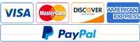 We Accept Visa, Matercard, Discover, American Express, and Paypal